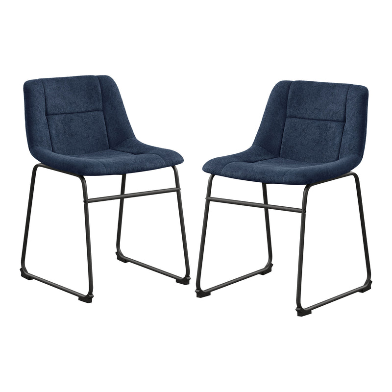Angled set of two contemporary blue chenille dining side chairs with black bases on a white background