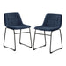 Angled set of two contemporary blue chenille dining side chairs with black bases on a white background