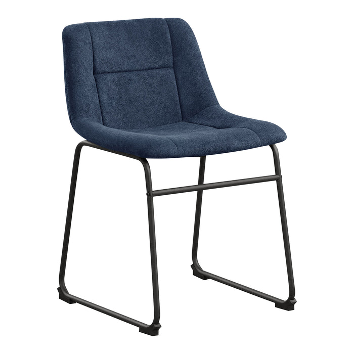 Right facing single view of a set of two contemporary blue chenille dining side chairs with black bases on a white background