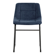 Front facing single view of a set of two contemporary blue chenille dining side chairs with black bases on a white background