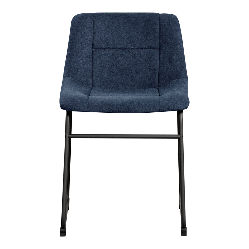 Front facing single view of a set of two contemporary blue chenille dining side chairs with black bases on a white background