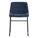 Front facing single view of a set of two contemporary blue chenille dining side chairs with black bases on a white background