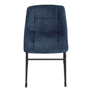 Front facing single view of a set of two contemporary blue chenille dining side chairs with black bases on a white background