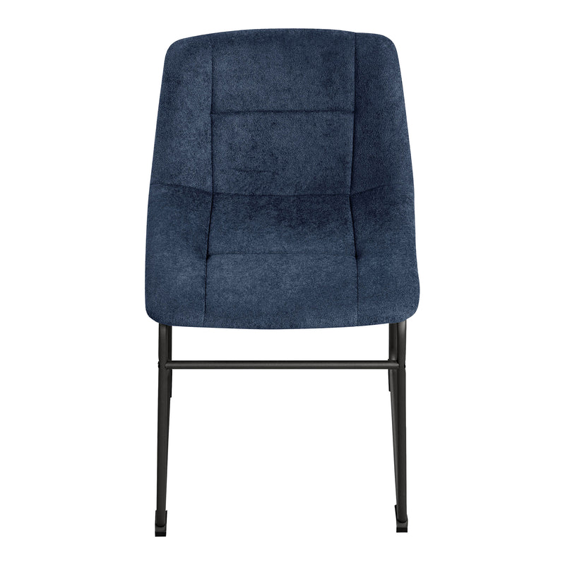 Front facing single view of a set of two contemporary blue chenille dining side chairs with black bases on a white background