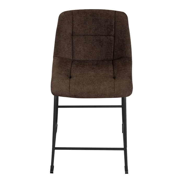 Front facing single view of a set of two contemporary brown chenille counter height stools with black bases on a white background