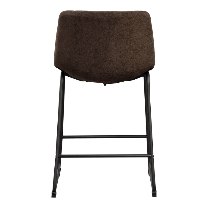 Front facing single back view of a set of two contemporary brown chenille counter height stools with black bases on a white background