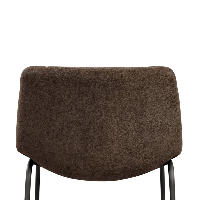 Front facing single back view of a set of two contemporary brown chenille counter height stools with black bases on a white background