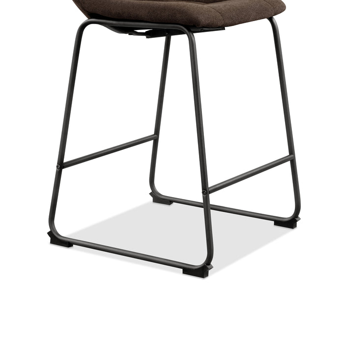Right facing close up single view of the base on a set of two contemporary brown chenille counter height stools with black bases on a white background