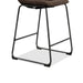 Right facing close up single view of the base on a set of two contemporary brown chenille counter height stools with black bases on a white background