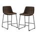 Angled set of two contemporary brown chenille counter height stools with black bases on a white background