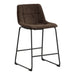 Right facing single view of a set of two contemporary brown chenille counter height stools with black bases on a white background