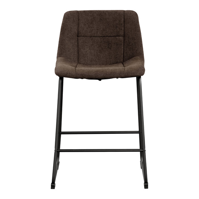 Front facing single view of a set of two contemporary brown chenille counter height stools with black bases on a white background