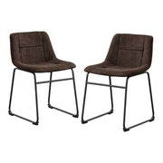 Angled set of two contemporary brown chenille dining side chairs with black bases on a white background
