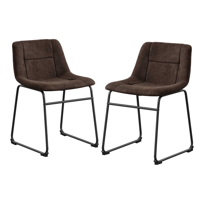 Angled set of two contemporary brown chenille dining side chairs with black bases on a white background