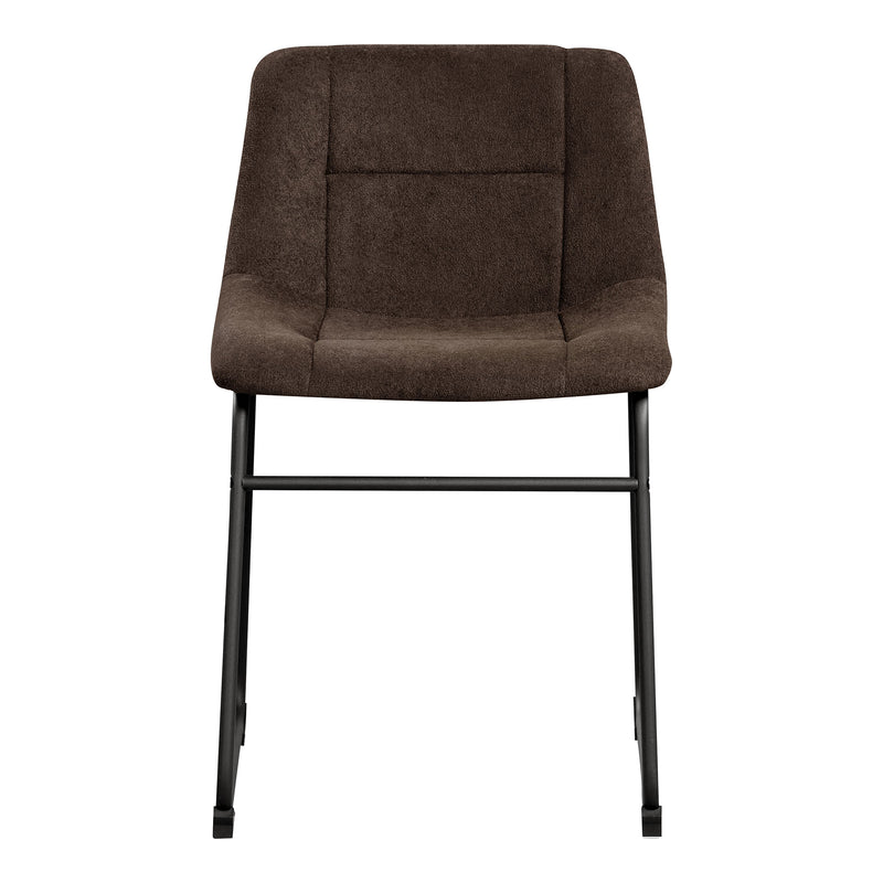 Front facing single view of a set of two contemporary brown chenille dining side chairs with black bases on a white background