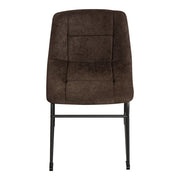 Front facing single view of a set of two contemporary brown chenille dining side chairs with black bases on a white background