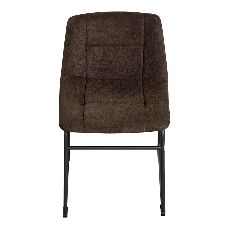 Front facing single view of a set of two contemporary brown chenille dining side chairs with black bases on a white background