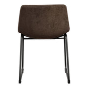 Front facing single back view of a set of two contemporary brown chenille dining side chairs with black bases on a white background