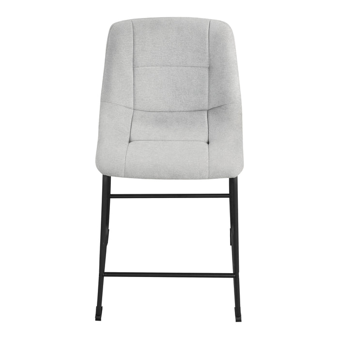 Front facing single view of a set of two contemporary light grey chenille counter height stools with black bases on a white background