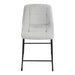 Front facing single view of a set of two contemporary light grey chenille counter height stools with black bases on a white background