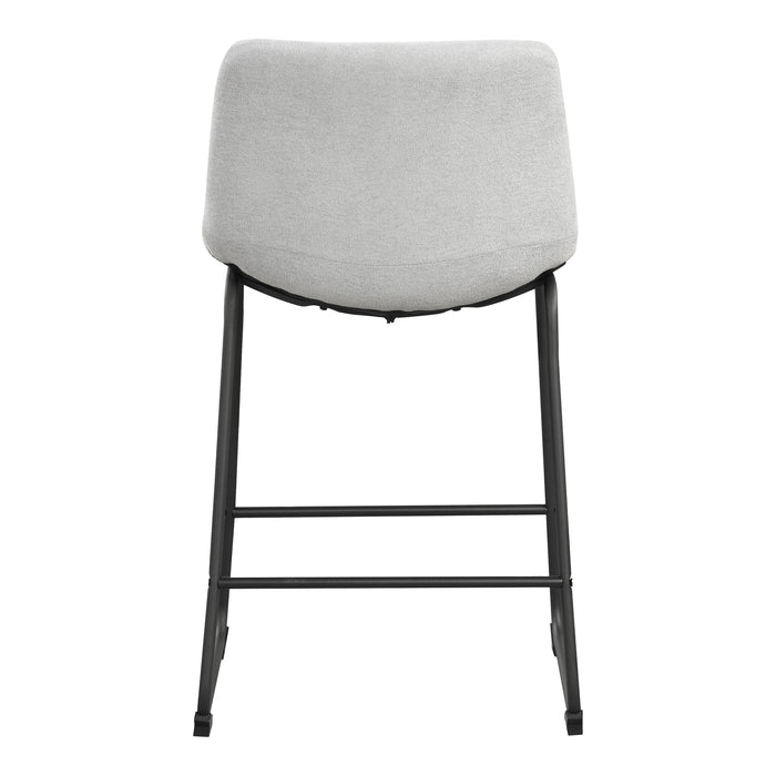 Front facing single back view of a set of two contemporary light grey chenille counter height stools with black bases on a white background