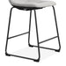 Right facing close up single view of the base on a set of two contemporary light grey chenille counter height stools with black bases on a white background