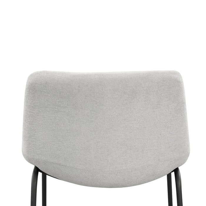 Front facing single back view of a set of two contemporary light grey chenille counter height stools with black bases on a white background