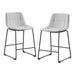 Angled set of two contemporary light grey chenille counter height stools with black bases on a white background