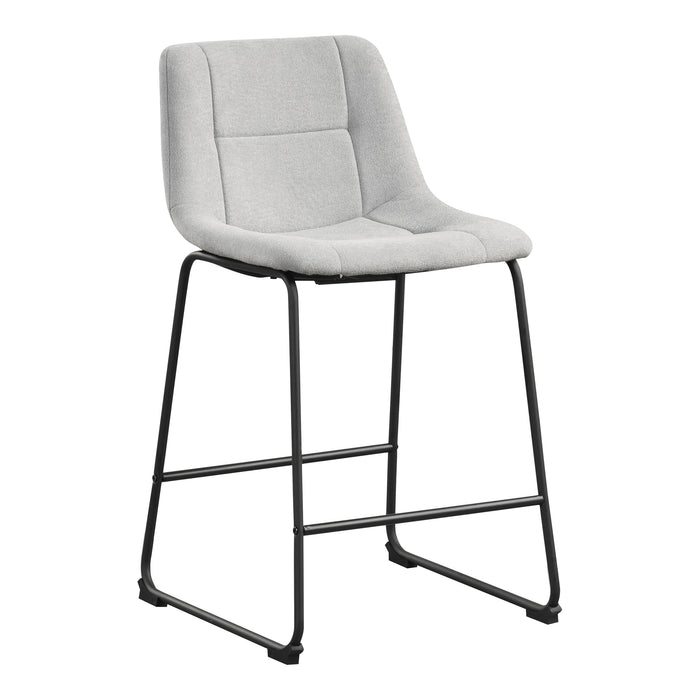 Right facing single view of a set of two contemporary light grey chenille counter height stools with black bases on a white background