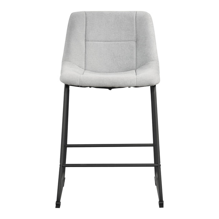 Front facing single view of a set of two contemporary light grey chenille counter height stools with black bases on a white background