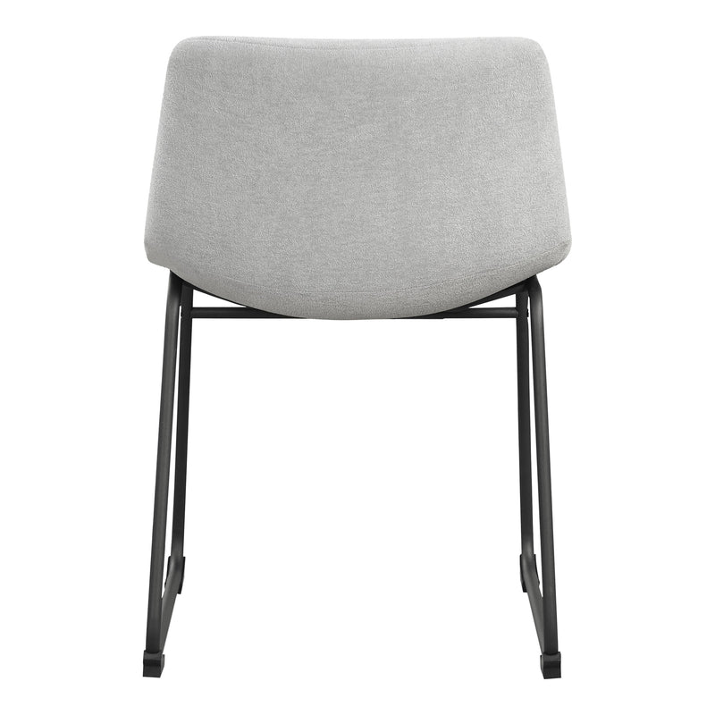 Front facing single back view of a set of two contemporary light grey chenille dining side chairs with black bases on a white background