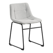 Right facing single view of a set of two contemporary light grey chenille dining side chairs with black bases on a white background