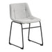 Right facing single view of a set of two contemporary light grey chenille dining side chairs with black bases on a white background