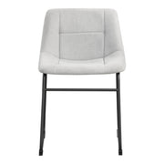 Front facing single view of a set of two contemporary light grey chenille dining side chairs with black bases on a white background