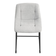 Front facing single view of a set of two contemporary light grey chenille dining side chairs with black bases on a white background