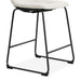 Right facing close up single view of the base on a set of two contemporary white chenille counter height stools with black bases on a white background