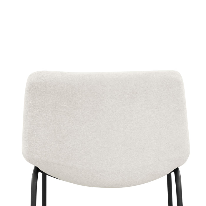 Front facing single back view of a set of two contemporary white chenille counter height stools with black bases on a white background