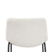 Front facing single back view of a set of two contemporary white chenille counter height stools with black bases on a white background