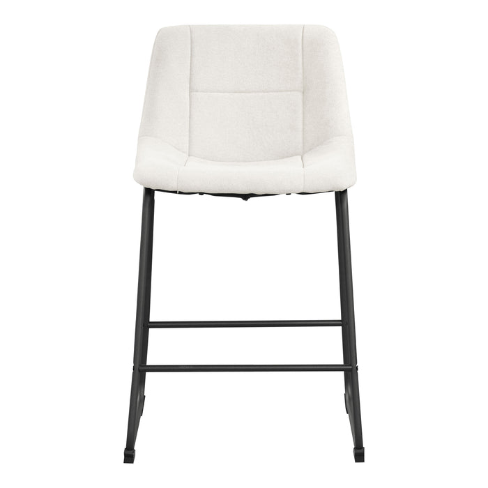 Front facing single view of a set of two contemporary white chenille counter height stools with black bases on a white background