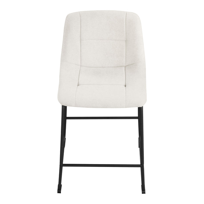 Front facing single view of a set of two contemporary white chenille counter height stools with black bases on a white background