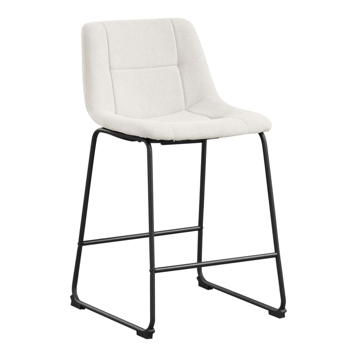 Right facing single view of a set of two contemporary white chenille counter height stools with black bases on a white background