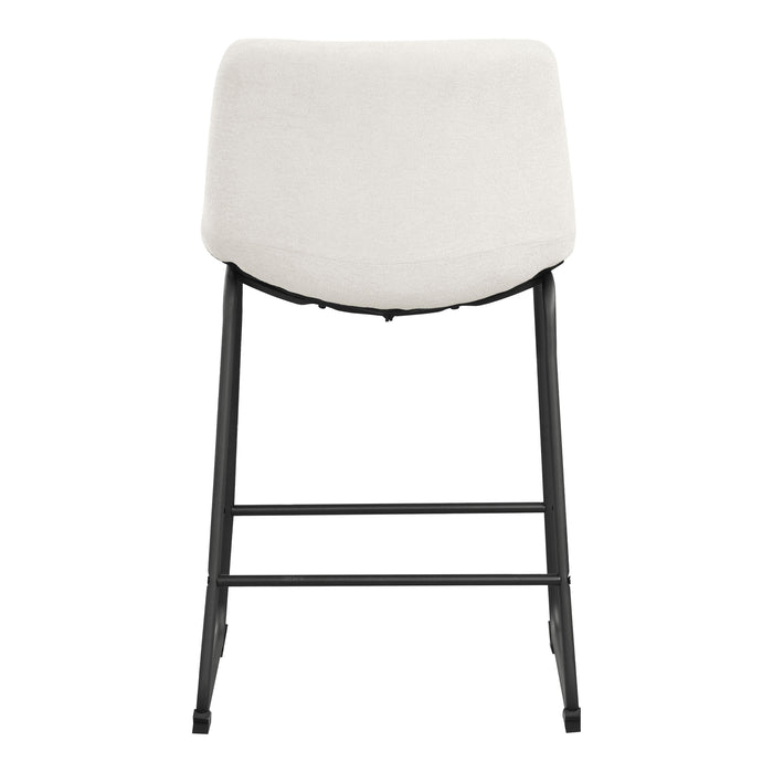 Front facing single back view of a set of two contemporary white chenille counter height stools with black bases on a white background
