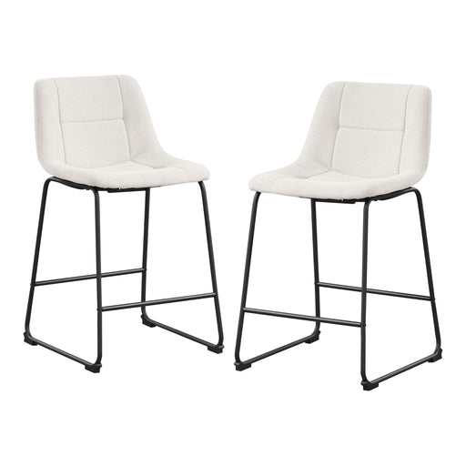 Angled set of two contemporary white chenille counter height stools with black bases on a white background