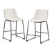 Angled set of two contemporary white chenille counter height stools with black bases on a white background