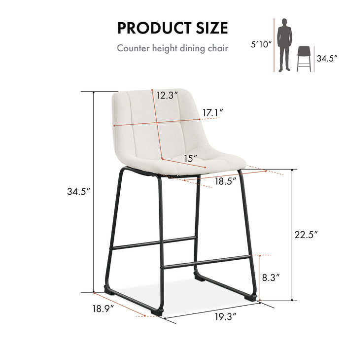 Informational image of the dimensions of a set of two contemporary white chenille counter height stools with black bases