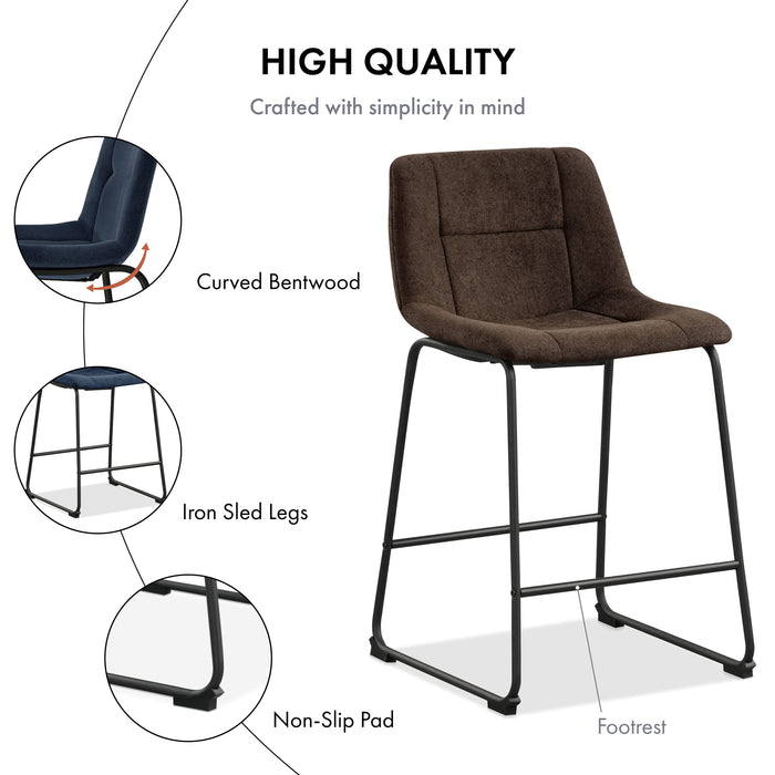 Informational image of the quality of a set of two contemporary white chenille counter height stools with black bases