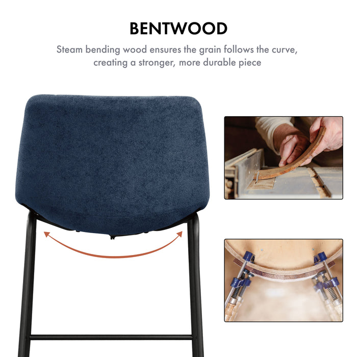 Informational image of the bentwood frame of a set of two contemporary white chenille counter height stools with black bases