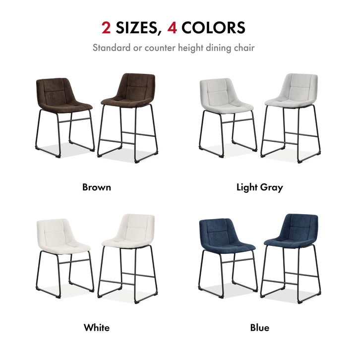 Informational image of the color options of a set of two contemporary white chenille counter height stools with black bases