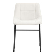 Front facing single back view of a set of two contemporary white chenille dining side chairs with black bases on a white background