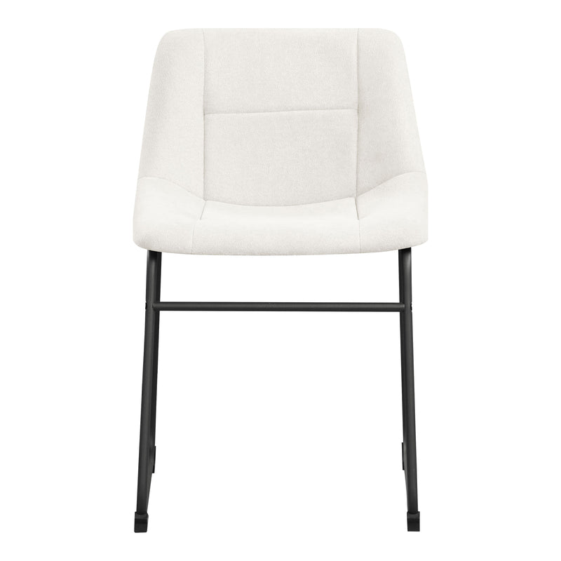 Front facing single back view of a set of two contemporary white chenille dining side chairs with black bases on a white background